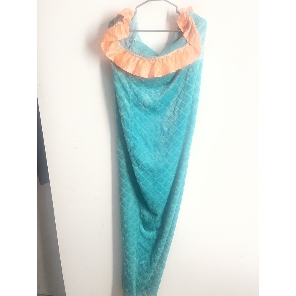 Mermaid Tail Blanket Teal Plush Fleece Scale Pattern Peach Ruffle Trim Large